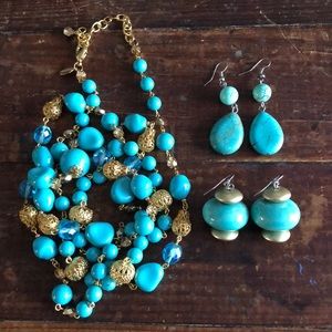 Turquoise Necklace and 2 Pairs Of Earrings